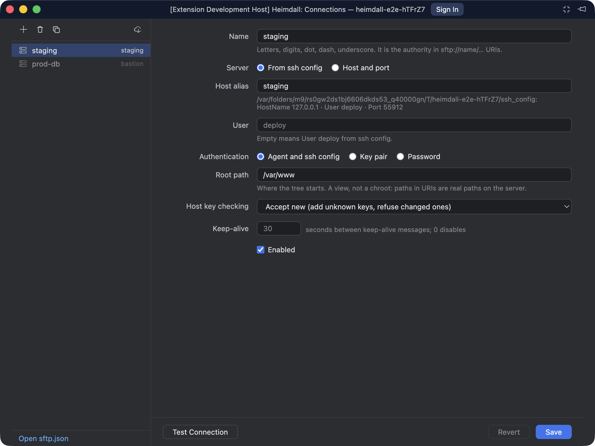 The Connections editor: the list on the left, the form on the right, Test Connection in the footer.