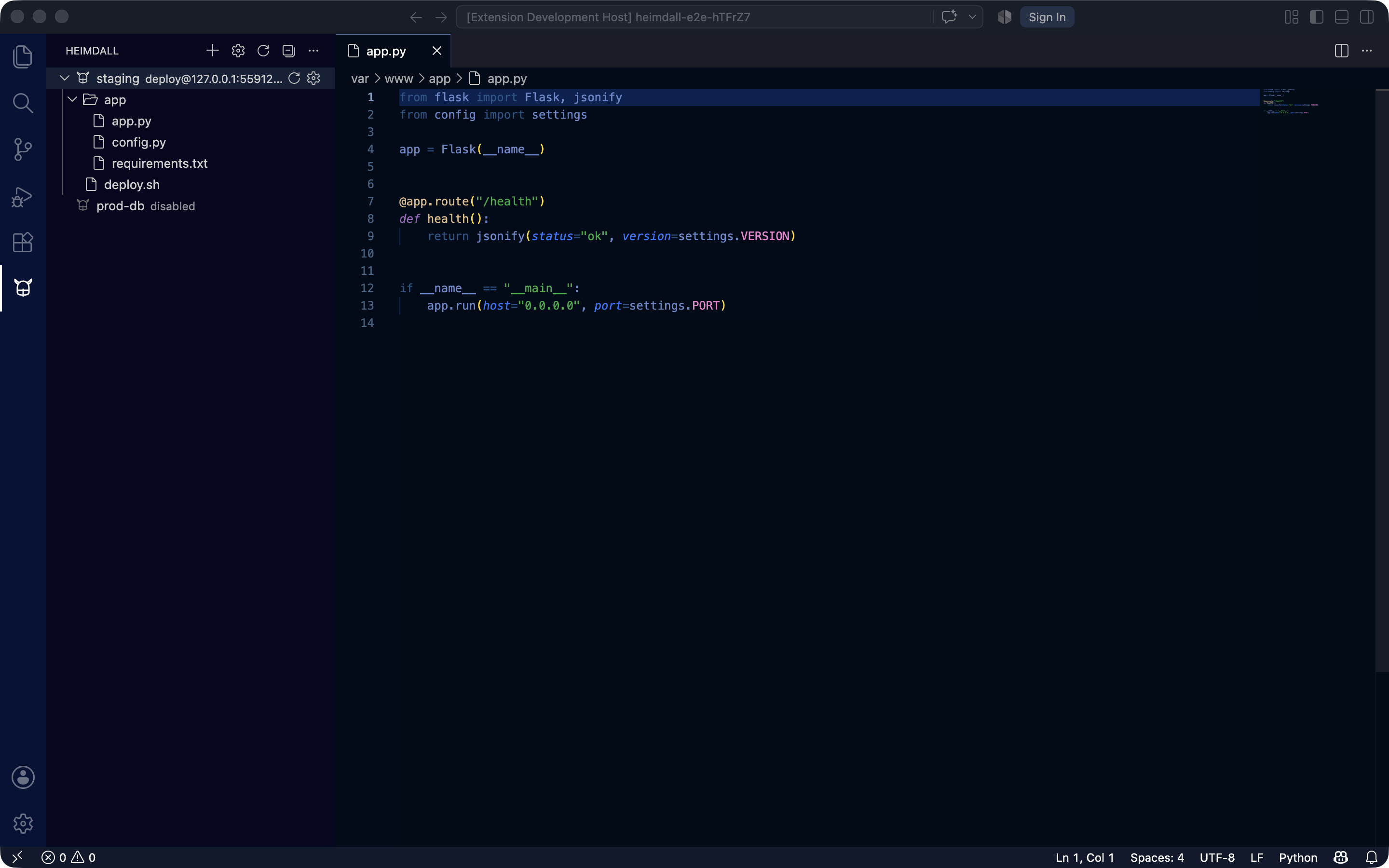The Heimdall view with a connection expanded, a remote file open in the editor, and the Connections editor in its own window.